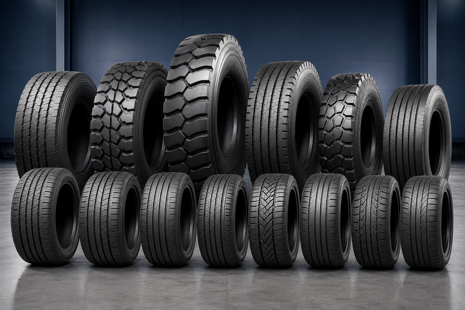 Truck, bus, SUV and passenger car tyres in multiple sizes and tread patterns